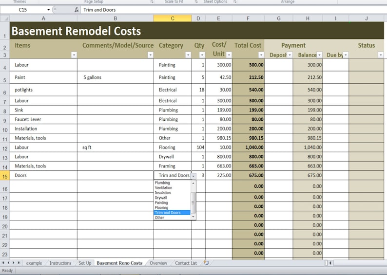 Basement Remodel Costs Calculator Excel Template, Renovation Cost Vs