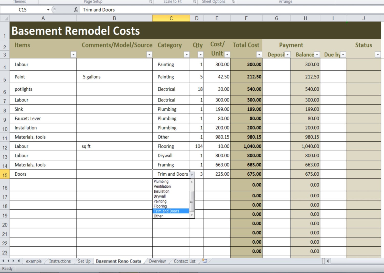 Basement Remodel Costs Calculator Excel Template, Renovation Cost Vs