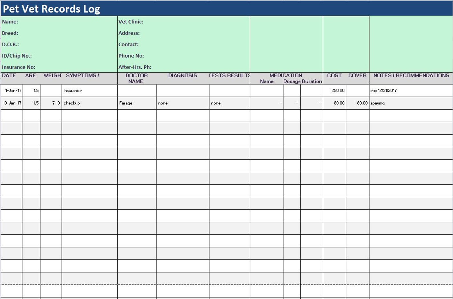 Printable Pet Health Record Template Excel