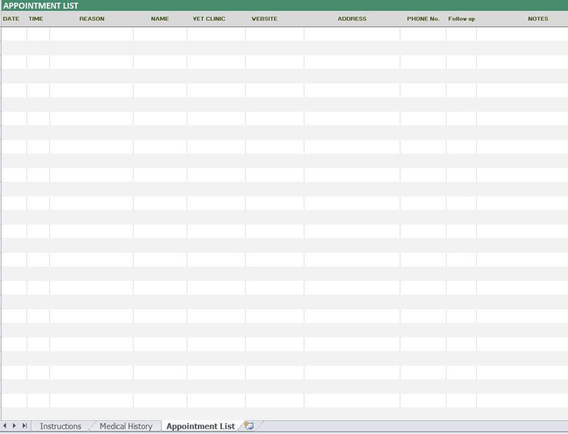 Pet Medical History Tracker Excel Template/symptoms Diary/medical