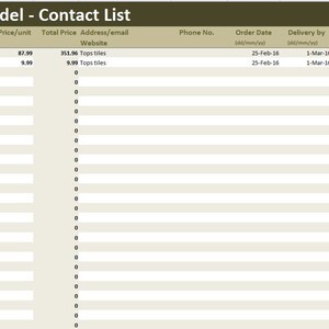 K&ouml;nnte beinhalten: Eine Kontaktliste f&uuml;r die K&uuml;chenrenovierung mit Spalten f&uuml;r Name, Menge, Preis pro Einheit, Gesamtpreis, Adresse oder E-Mail, Telefonnummer, Bestelldatum, Lieferdatum und Kommentare oder Notizen.