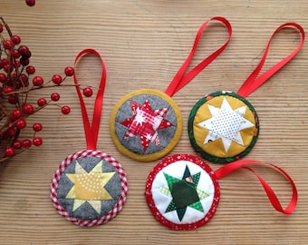 Christmas Ornaments, Patchwork Star Ornament, Christmas Tree Ornaments, Quilted Stars, Christmas Decoration, Set of Ornaments, Red and Green
