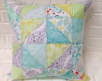 Quilted pillow cover / 18 X 18" pillow cover / decorative pillow cover / Kate Spain fabric / turquoise, aqua, spring green, gray / patchwork