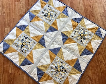 Baby Quilt, Toddler Quilt, Girl Quilt, Boy Quilt, Crib Blanket, Baby Blanket, Blue, Gold, and White Quilt, Child Quilt, Modern Quilt, Floral