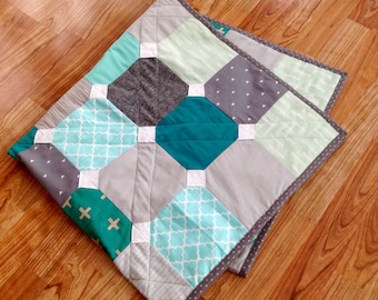 Baby Quilt, Toddler Quilt, Girl Quilt, Boy Quilt, Crib Blanket, Baby Blanket, Turquoise, Aqua, and Gray Quilt, Child Quilt, Modern Quilt