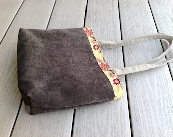 Brown tote bag / Brown and yellow fabric handbag / Handmade purse / Velvet bag / Brown shoulder bag / Tote bag / Floral fabric / Brown bag