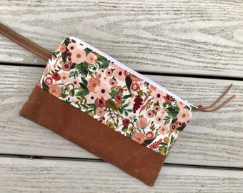 Wallet pouch, zip pouch, pouch with strap, cosmetics bag, pen and pencil case, Rifle Paper Co bag, card pockets, waxed canvas pouch, clutch