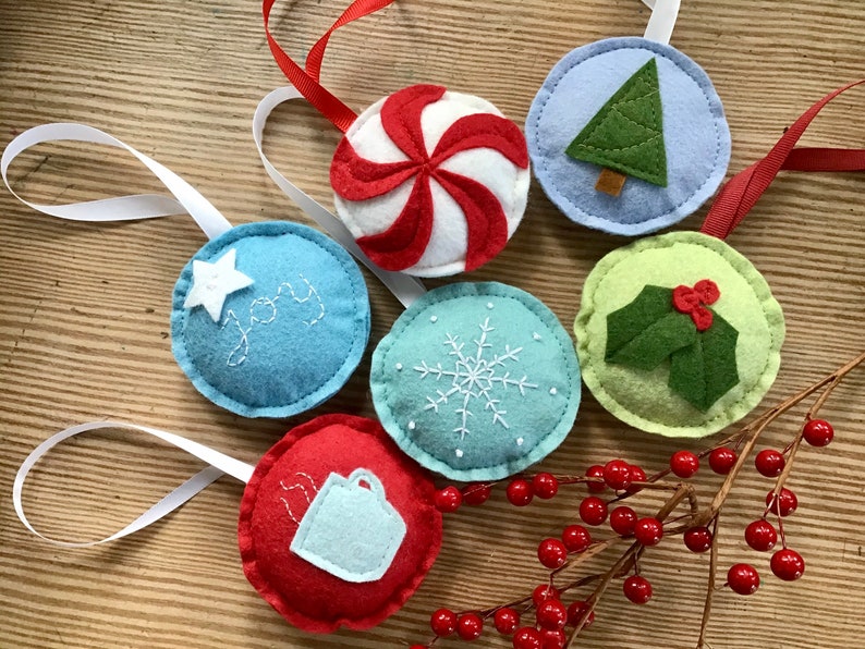 Christmas Ornaments, Handmade Christmas Tree Ornaments, Felt Ornament, Christmas Decoration, Set of 6 Ornaments, Joy, Holly, Snowflake image 8