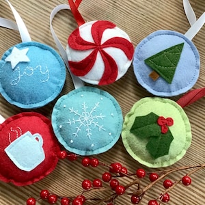 Christmas Ornaments, Handmade Christmas Tree Ornaments, Felt Ornament, Christmas Decoration, Set of 6 Ornaments, Joy, Holly, Snowflake image 1