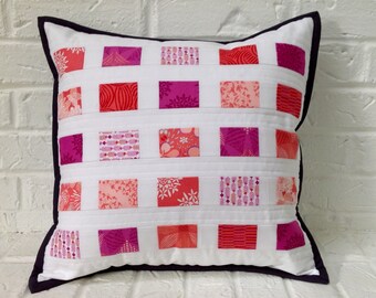 Quilted pillow cover / 18 X 18" pillow cover / pink, coral, magenta / decorative pillow cover / Kate Spain fabric / patchwork pillow cover