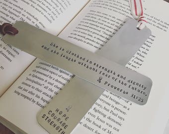 Cancer Support / Hand-Stamped Aluminum Bookmark / personalized bookmark / Breast Cancer Awareness Gift / Clothed in Strength & Dignity