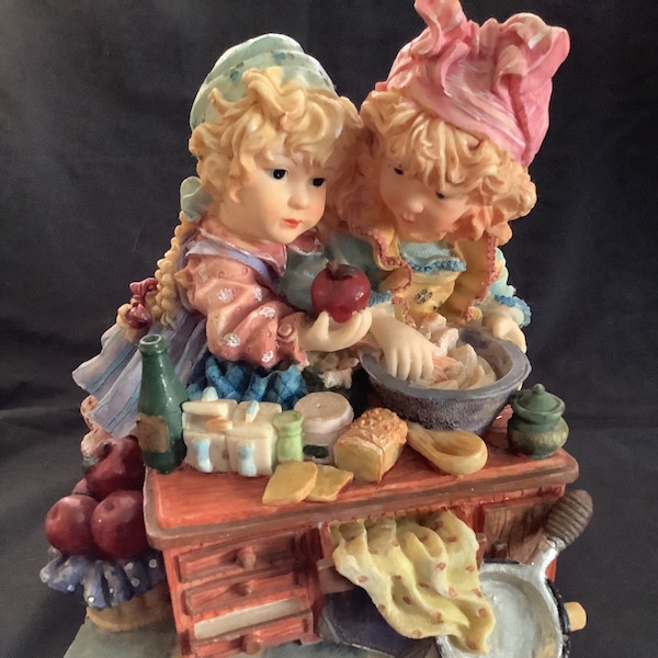 Sister figurine, a pair of sisters baking and working together in a kitchen, large composite figure 10x10 inch, sister gift
