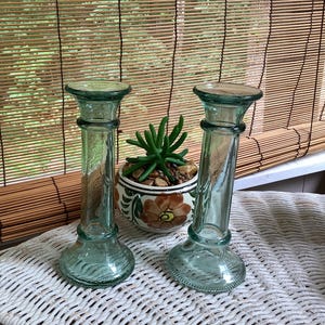 Pair recycled glass candle holders, for taper, green, 7 inch tall