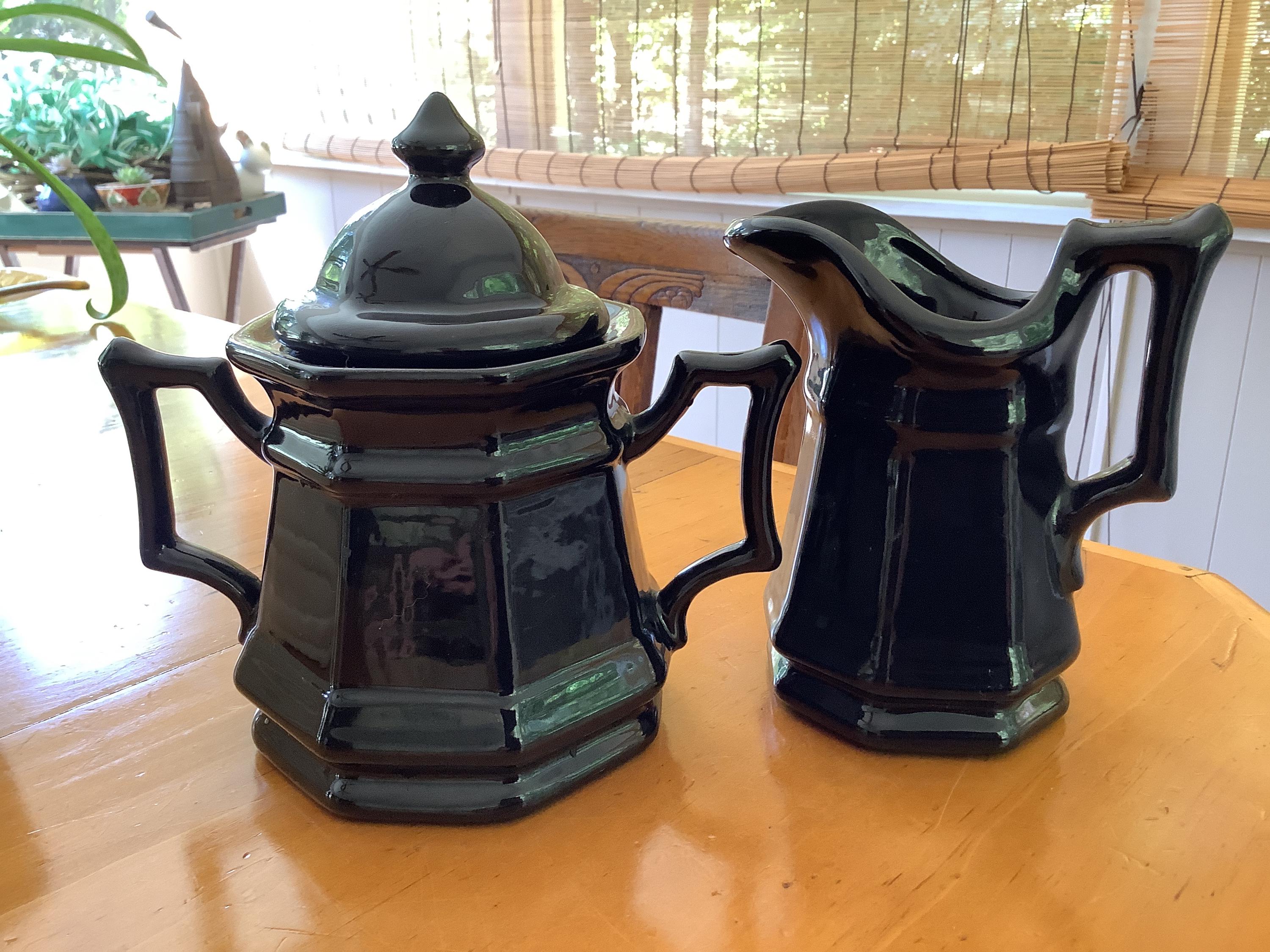 Ceramic pottery black creamer and sugar(covered), handcrafted in 1976