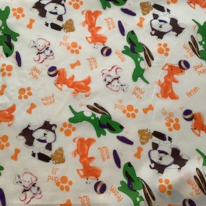 Fabric doggie, puppy print, cotton, fetch, good pupi, cute puppies, per yard