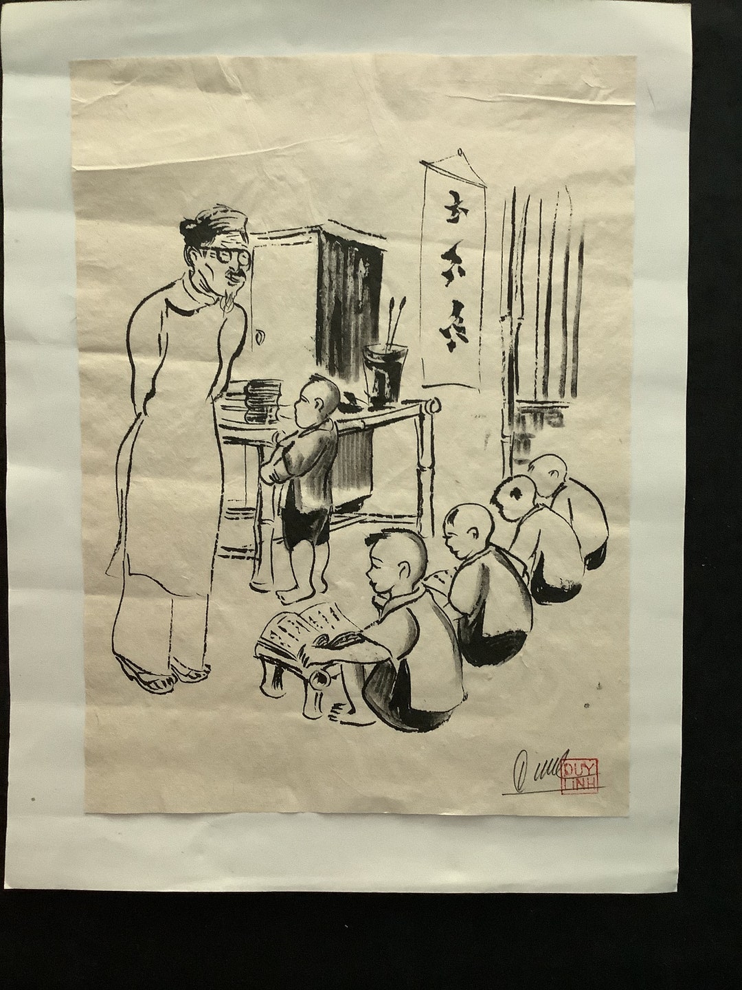 Black Ink on Rice Paper Drawing Appears to Be a Teacher and Etsy
