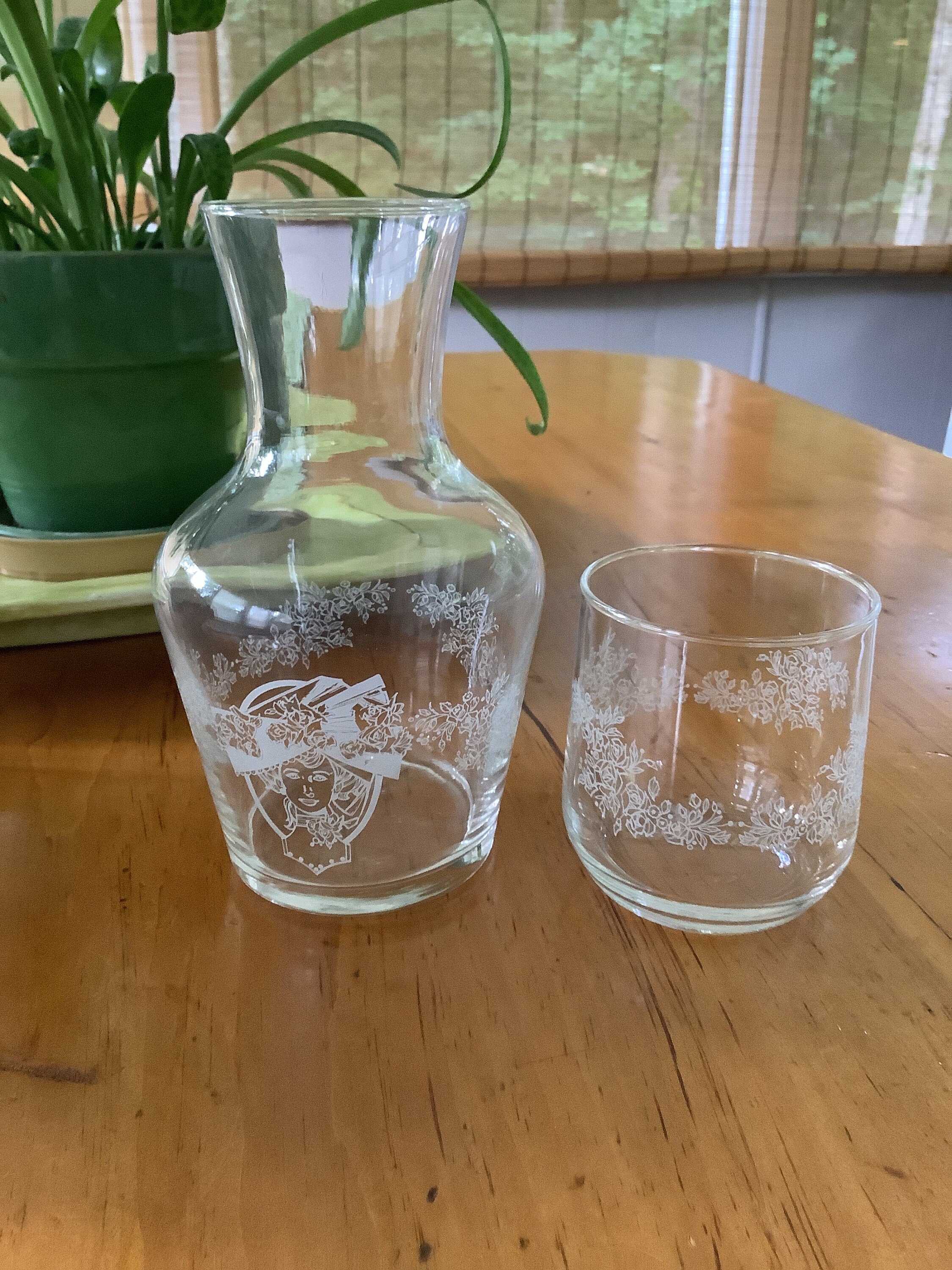 Hand Etched Green Water Carafe & Glass Set