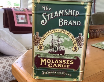 Hinged tin, reproduction advertising, The Steamship Brand Molasses Candy, Stewart and Young Glascow