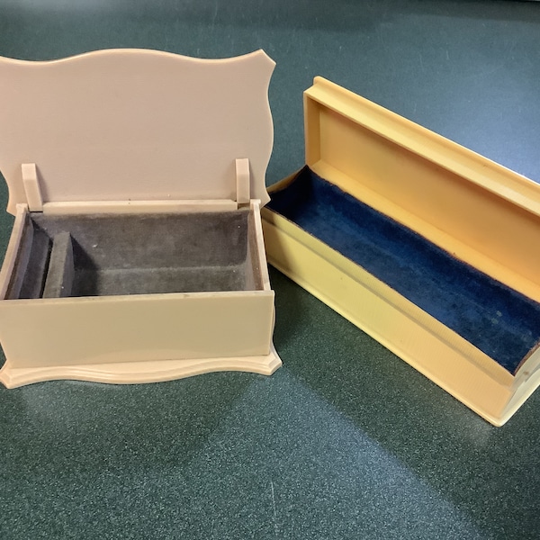 Vintage celluloid boxes, 2 boxes, hinged lids, 5 inch and 7 inch