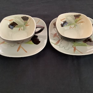 2 Red Wing Pottery, Lotus Blossom, cup and saucers, set of 2, vintage 50’s, mid century pottery, soup cup and saucers