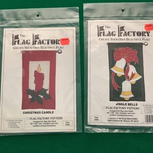 May include: Two Flag Factory patterns for creating your own flags. The first pattern is for a Christmas candle flag with a red background and a white candle with holly leaves. The second pattern is for a Jingle Bells flag with a green background and three red and white bells with a red bow.