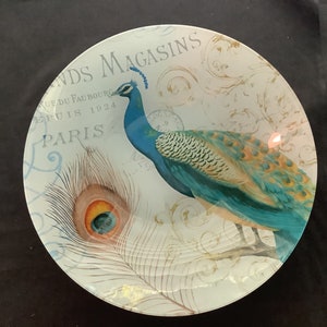 Peacock glass bowl, Prima Design, 12 inch, peacock decor