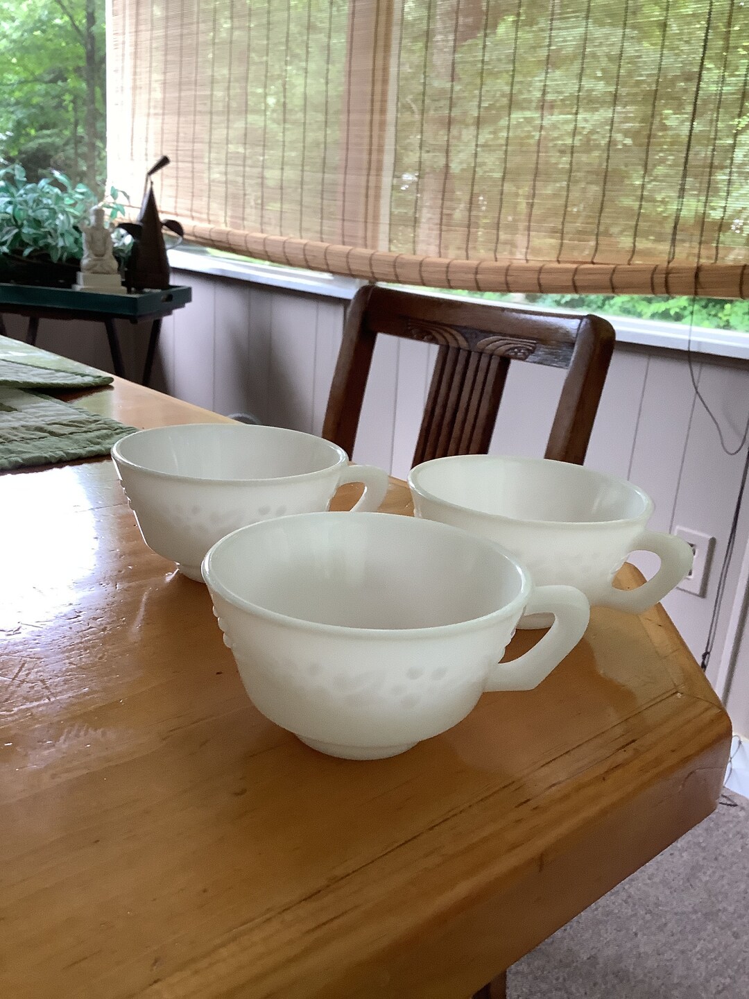 Anchor Hocking White Milk Glass Tea Cups, Set of 3, Vintage , Flower