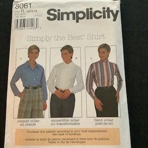 Simplicity pattern 8061, size R 14-18, ladies collared shirt, “simply the best shirt”, forward shoulder seams, back pleat, uncut