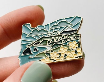 Oregon Enamel Pin | Gold Soft Enamel Pin | Illustrated United State Pin | Butterfly Clasp | 1.25"