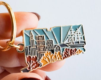 Connecticut Soft Enamel Keychain | Connecticut Outline Key Ring | Illustrated State Keychain 1.5"