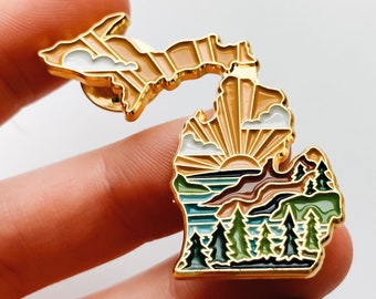 Michigan Enamel Pin | Gold Soft Enamel Pin | Illustrated United State Pin | Butterfly Clasp | 1.25&quot;