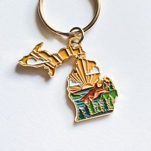 Gold Michigan Soft Enamel Keychain 1.5" | Michigan Outline Key Ring | Illustrated State Keychain