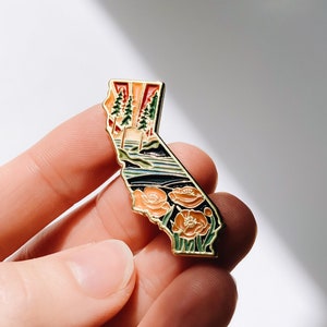 California Poppy Enamel Pin | California Outline Pin | Illustrated State Pin | Butterfly Clasp | 1"