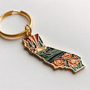 Gold California Poppy Soft Enamel Keychain 1.5 California Outline Key Ring Illustrated State Keychain image 3