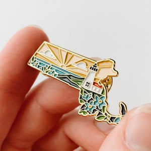 Massachusetts Enamel Pin | Gold Soft Enamel Pin | Illustrated United States Pin | Butterfly Clasp | 1.25"