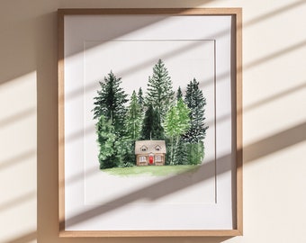 Cabin in the Woods Print | Watercolor Art Print | Pacific Northwest Illustration | Washington Oregon Idaho Decor | Moody PNW Wall Art