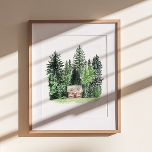 Cabin in the Woods Print | Watercolor Art Print | Pacific Northwest Illustration | Washington Oregon Idaho Decor | Moody PNW Wall Art