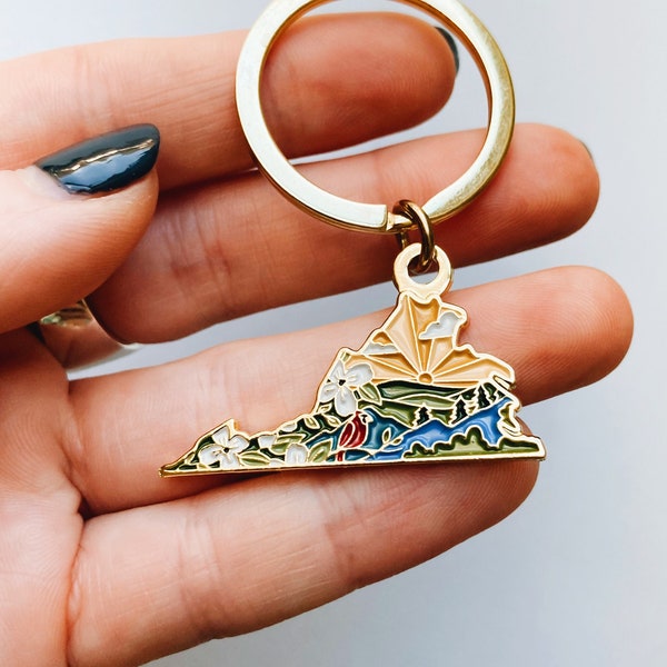 Virginia Gold Enamel Keychain | Virginia Outline Key Ring | Soft Enamel Illustrated State Keychain 1.5"