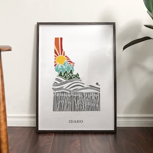 Idaho physischer Kunstdruck | Zustand Wandkunst | 13x20, 8x10, 11x14, 16x20 Zoll Archival Art Print | Idaho Illustriertes Poster