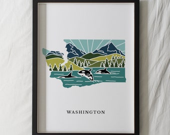 Washington Art Print | State Wall Art | 5x7, 8x10, 11x14, 16x20 Archival Art Print | WA Outline Poster | Washington Illustration