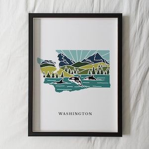 Impresión artística de Washington / Arte mural estatal / Impresión artística de archivo de 5 x 7, 8 x 10, 11 x 14, 16 x 20 / Póster con el contorno de Washington / Ilustración de Washington