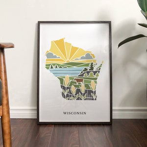 Impresión de arte físico de Wisconsin / Arte mural estatal / Impresión de arte de archivo de 5 x 7, 8 x 10, 11 x 14, 16 x 20 " / Póster ilustrado de Wisconsin