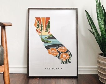 California Poppy Poster | 5x7, 8x10, 11x14, 16x20 Archival Art Print | CA Outline Poster | California Illustration | State Wall Art