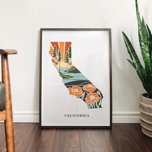 California Poppy Poster | 5x7, 8x10, 11x14, 16x20 Archival Art Print | CA Outline Poster | California Illustration | State Wall Art