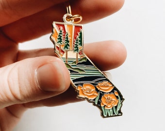 Gold California Poppy Soft Enamel Keychain 1.5" | California Outline Key Ring | Illustrated State Keychain