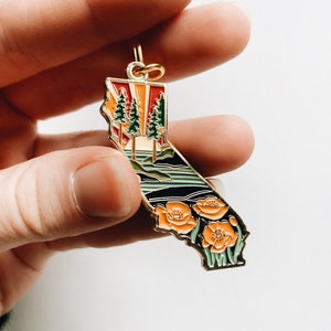 California Poppy Soft Enamel Keychain 1.5&quot; | California Outline Key Ring | Illustrated State Keychain