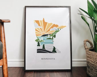 Minnesota Art Print | State Wall Art | 5x7, 8x10, 11x14, 16x20 Archival Art Print | MN Outline Poster | Minnesota Illustration