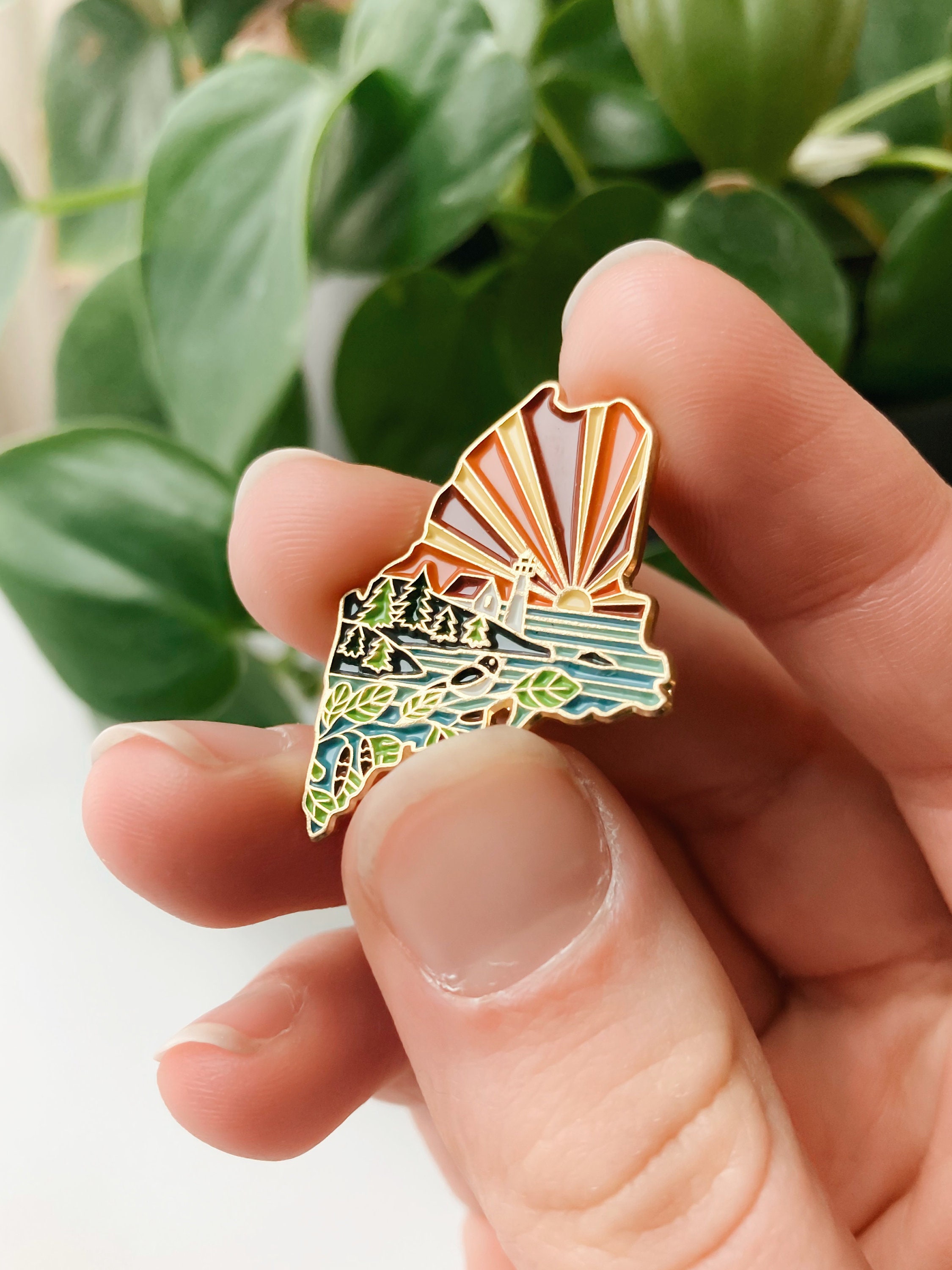 Maine Enamel Pin | Gold Soft Enamel Pin | Illustrated United States Pin | Butterfly Clasp | 1.25&quot;