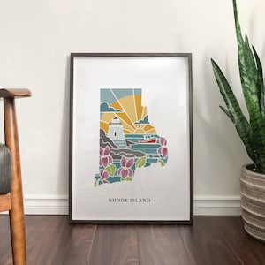 Impresión de arte físico de Rhode Island / Arte mural estatal / Impresión de arte de archivo de 5 x 7, 8 x 10, 11 x 14, 16 x 20 pulgadas / Póster ilustrado de Rhode Island