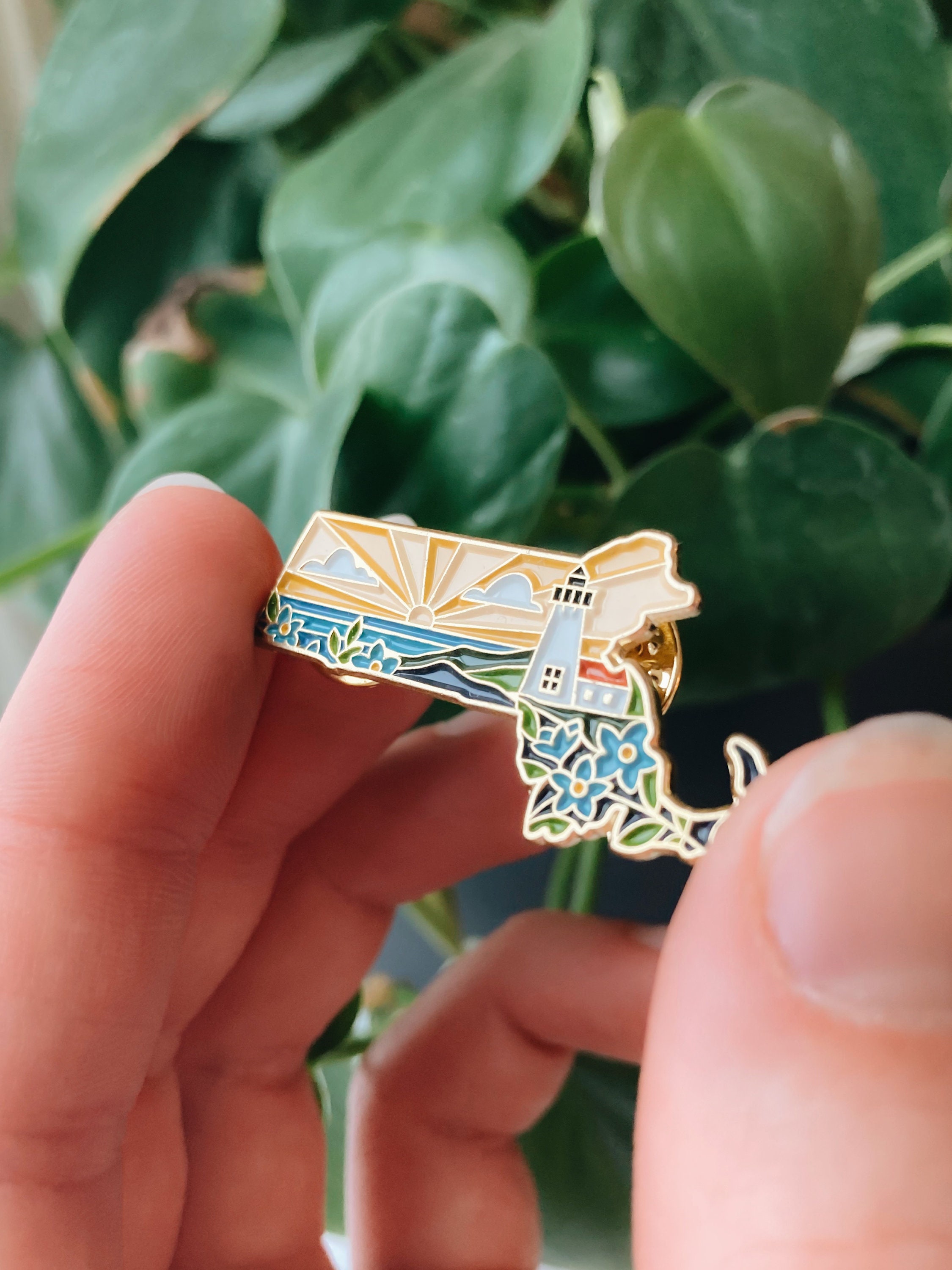 Massachusetts Enamel Pin | Gold Soft Enamel Pin | Illustrated United States Pin | Butterfly Clasp | 1.25&quot;